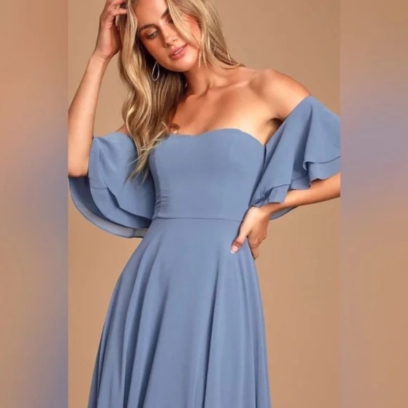 LULUS | Abbington Denim Blue Off-the-Shoulder Maxi Dress in Size Small - Picture 3 of 8